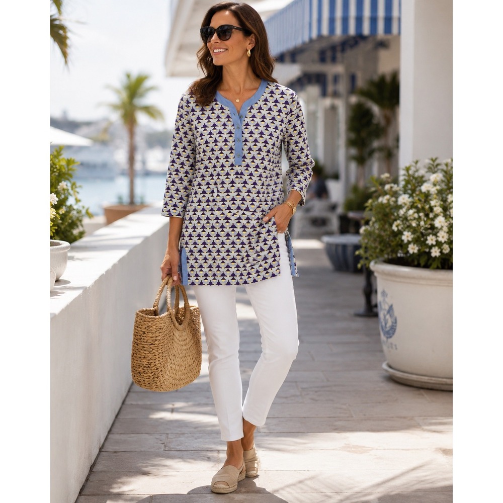 J.McLaughlin Women Geometric Print Henley Tunic Top Blue Purple 3/4 Sleeve Small